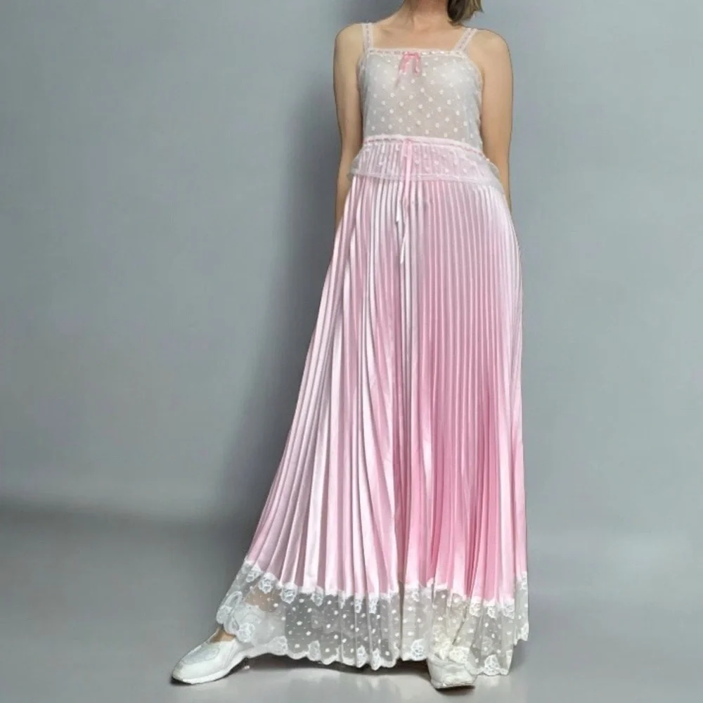 Vintage 70s Pink Satin Lace Peignoir Set Slip Dress & Robe Romantic Edwardian - Picture 8 of 16